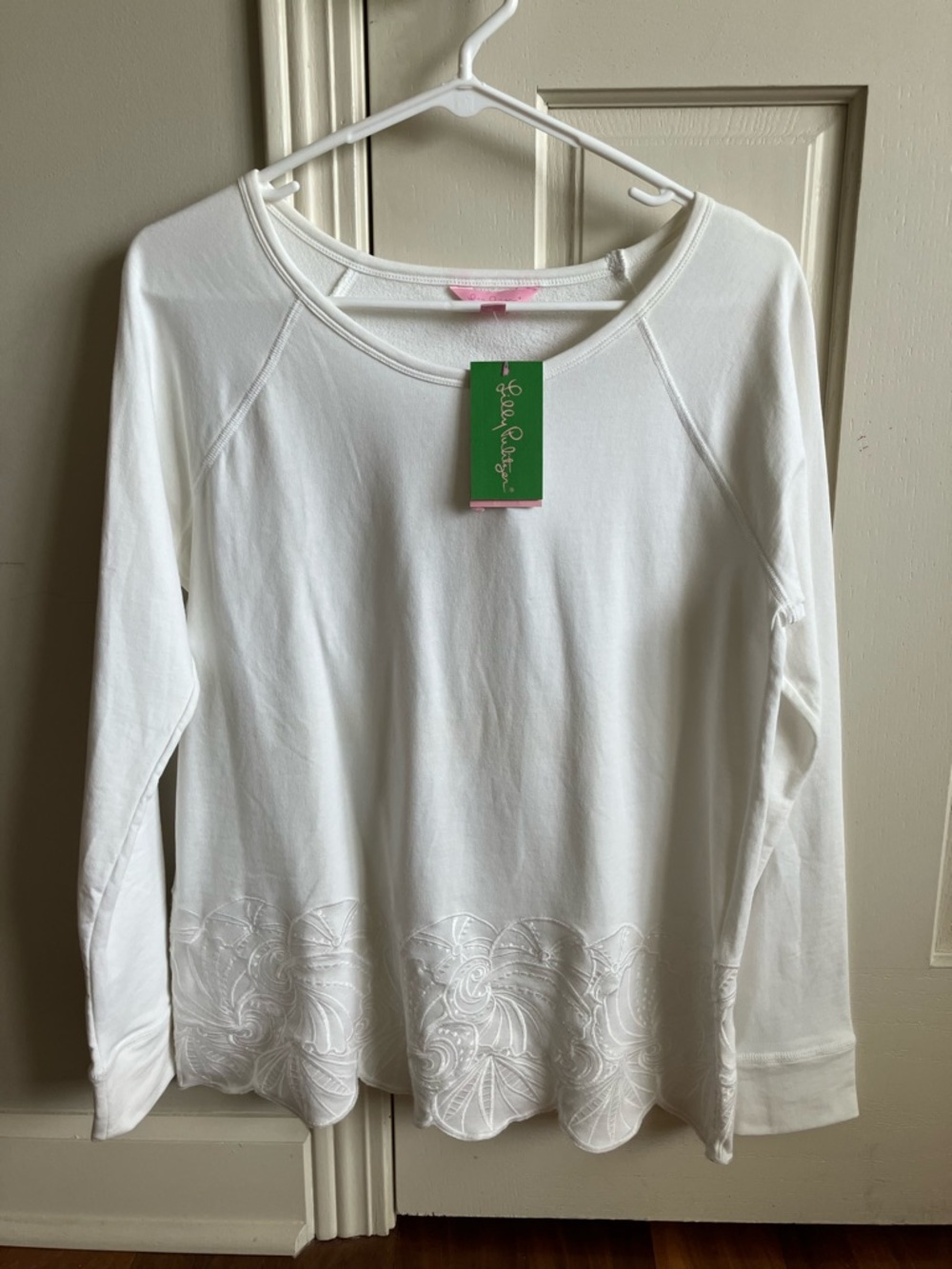 Lilly Pulitzer White Long Sleeve Top with Embroidered Scalloped Hem